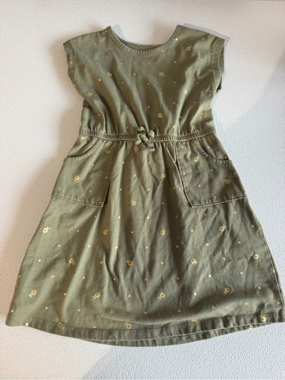 Girls okie dokie Olive Green Dress with Gold Floral Accents